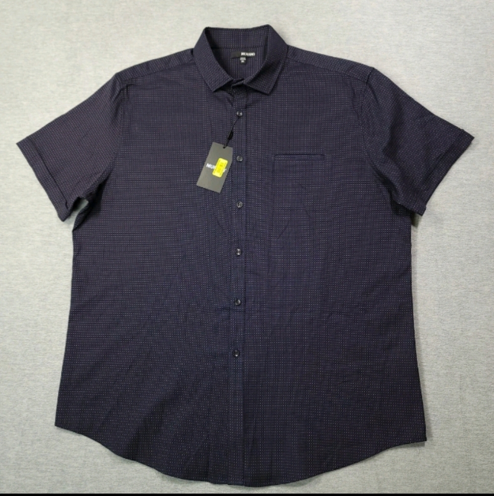 Murano Shirt Mens 3XB Dark Navy Blue w/Polka Dot Button Up Short Sleeve NWT